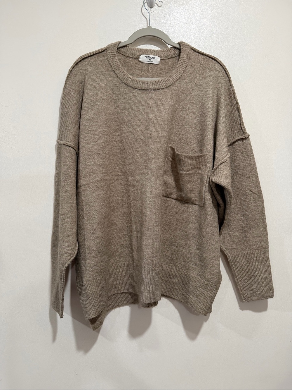 Zenana Oversized Knit Pocket Sweater Exposed Seam Taupe XL